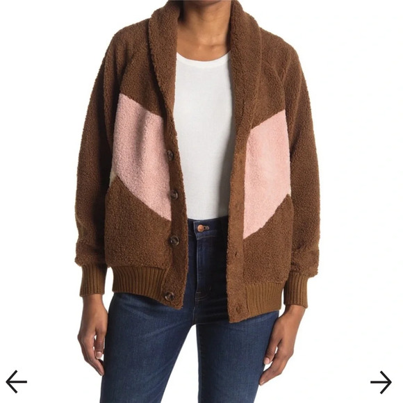 Lush Jackets & Blazers - Lush Colorblock Teddy Coat Brown Pink